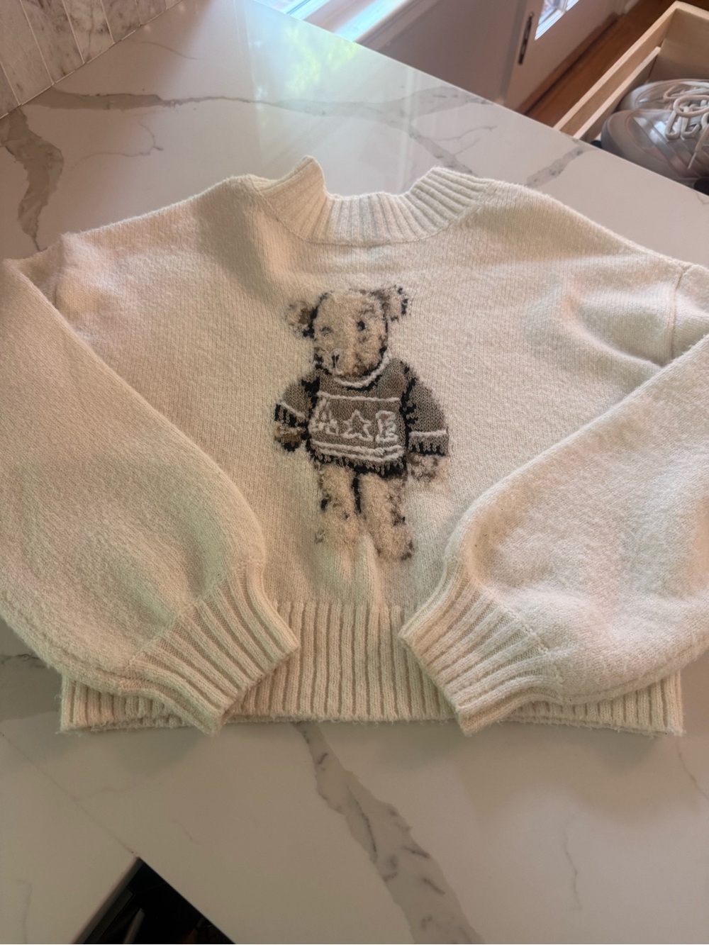 Cozy Cream Teddy Sweater with Fair Isle Knit- American Eagle M